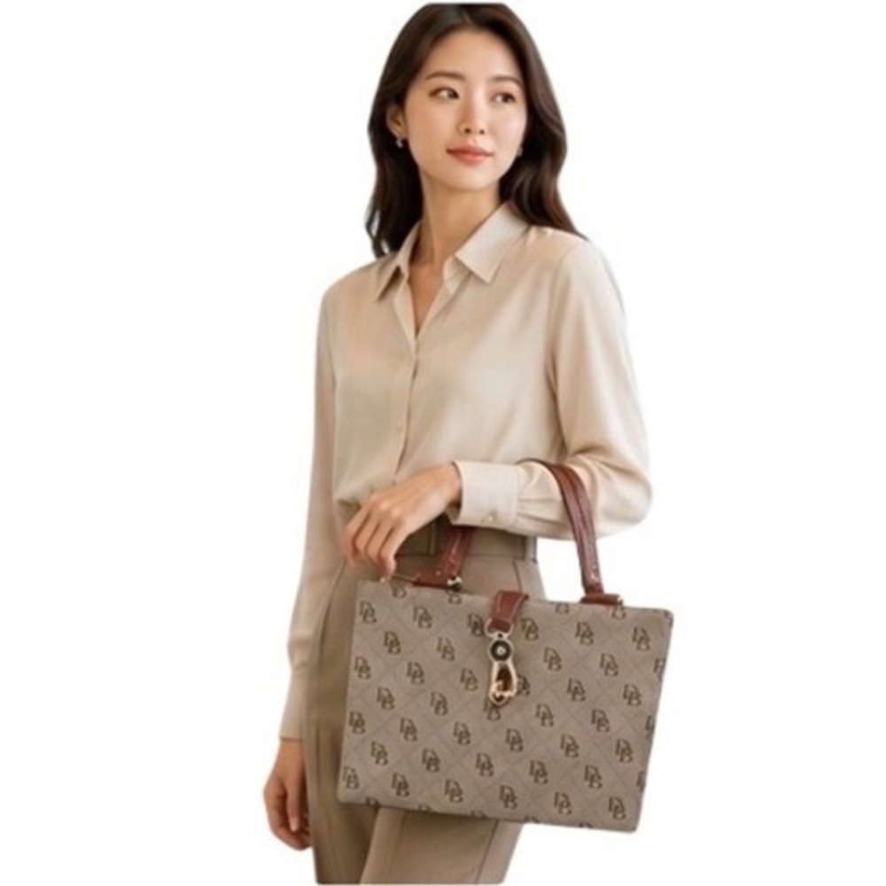 Dooney & Bourke Medium Logo Lock Tote Tan Brown Monogram Handbag Vintage 6-06